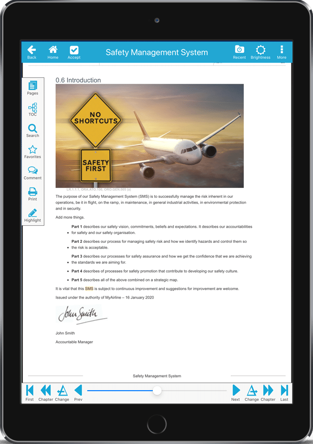 web manuals reader app on electronic flight bag viewing document